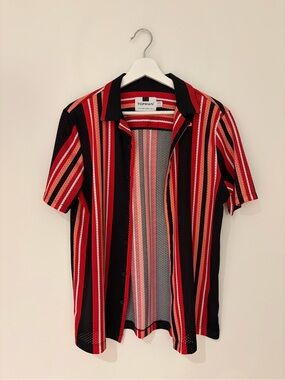 Topman Red & Black Striped Short Sleeve Shirt